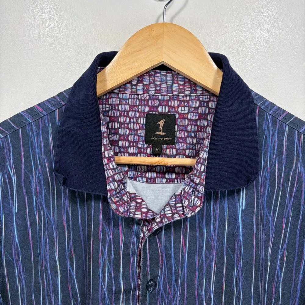1 Like No Other Polo Shirt Men Medium Blue Striped Polyester Stretch Contrast